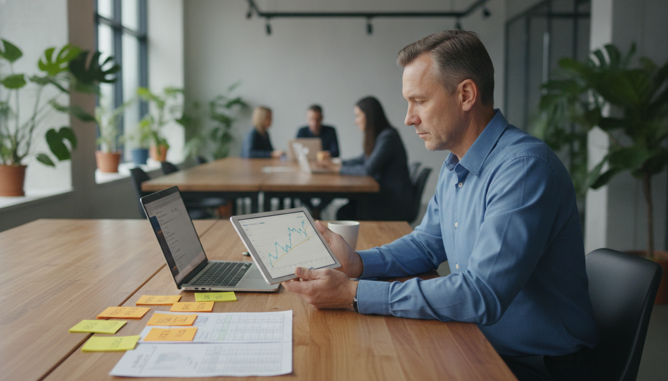 Mann berechnet im Co-Working-Space benötigtes Kapital für Dividendeneinkommen