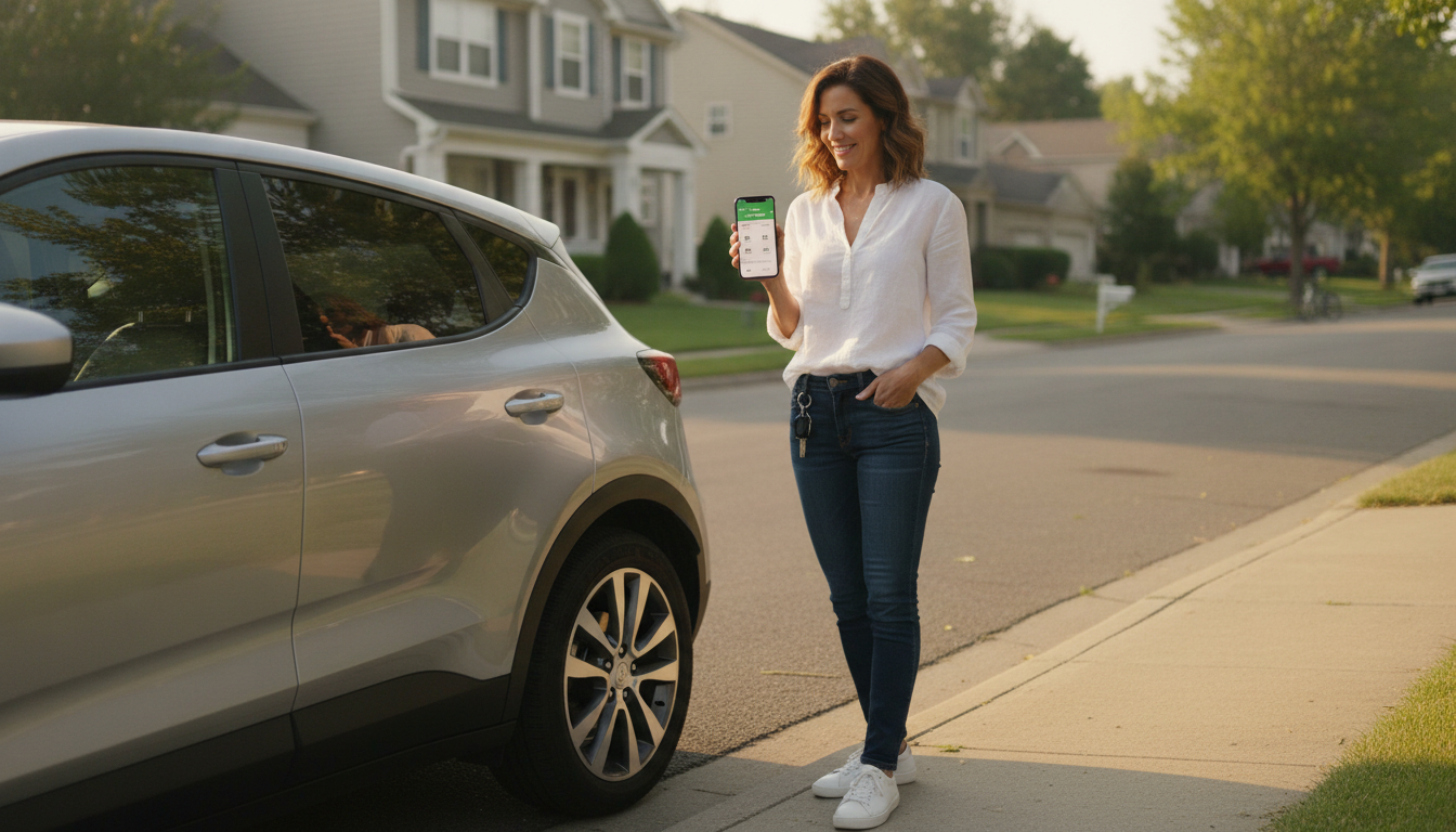 Frau prüft Carsharing-App, um ihr Auto statt Verkauf zu vermieten
