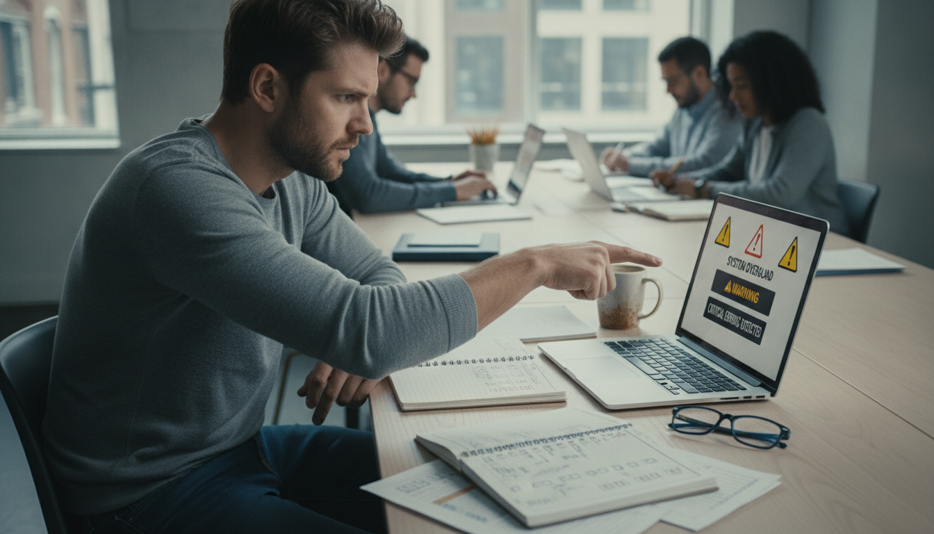 Mann prüft am Laptop im Co-Working-Space typische Merkmale eines Betrugsangebots