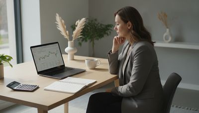 Frau analysiert am Laptop im Homeoffice ihr Aktienportfolio und Dividendenübersicht