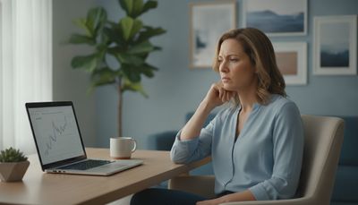Frau sitzt skeptisch vor Laptop und hinterfragt ein verlockendes Online-Angebot